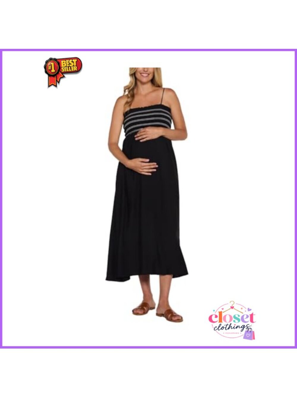 Sleeveless Smocked Maxi Maternity Dress Pockets Removable Straps